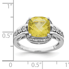 Sterling Silver Rhodium Diamond & Checker-Cut Lemon Quartz Ring