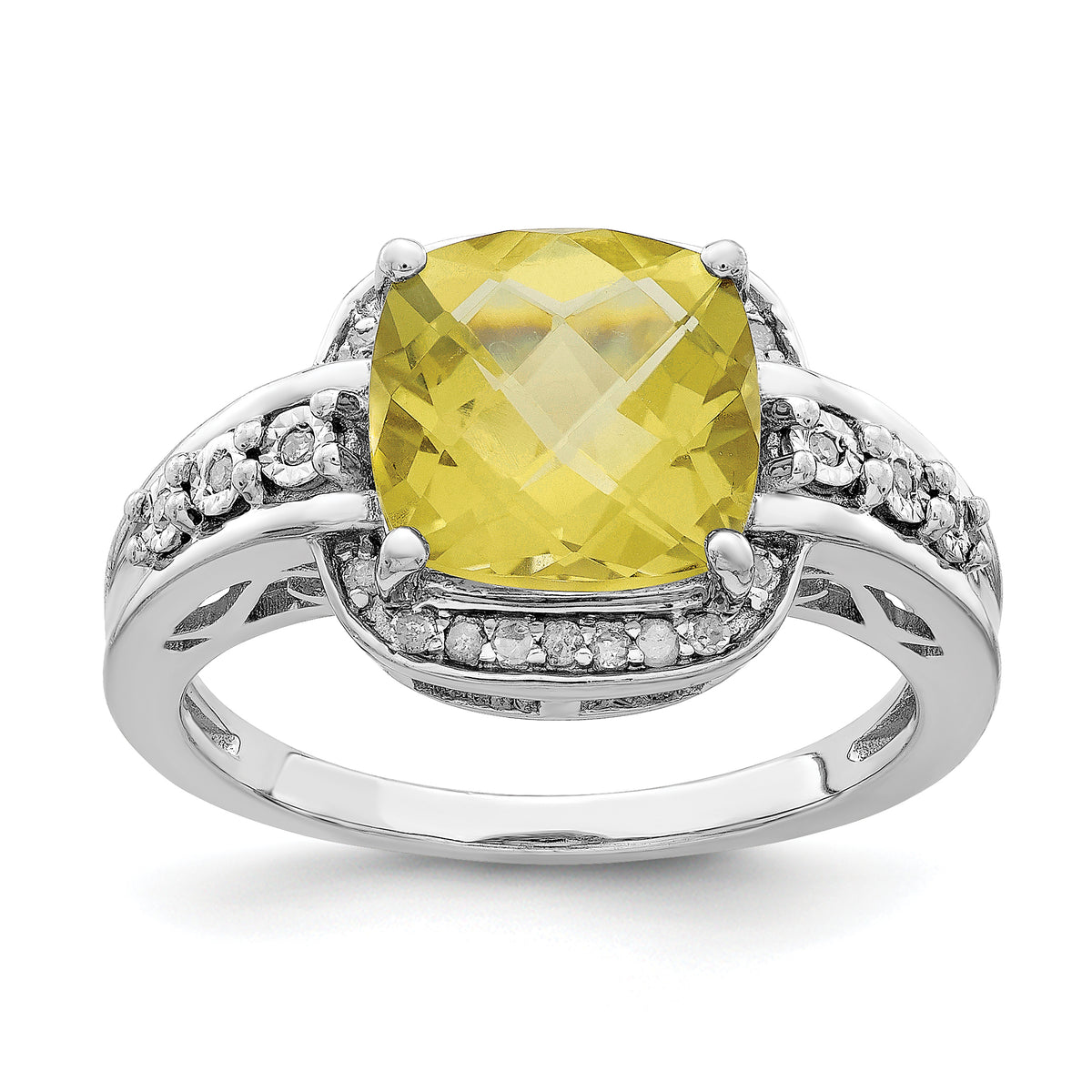 Sterling Silver Rhodium Diamond & Checker-Cut Lemon Quartz Ring