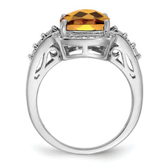 Sterling Silver Rhodium Diamond & Checker-Cut Whiskey Quartz Ring