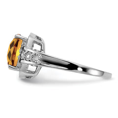 Sterling Silver Rhodium Diamond & Checker-Cut Whiskey Quartz Ring