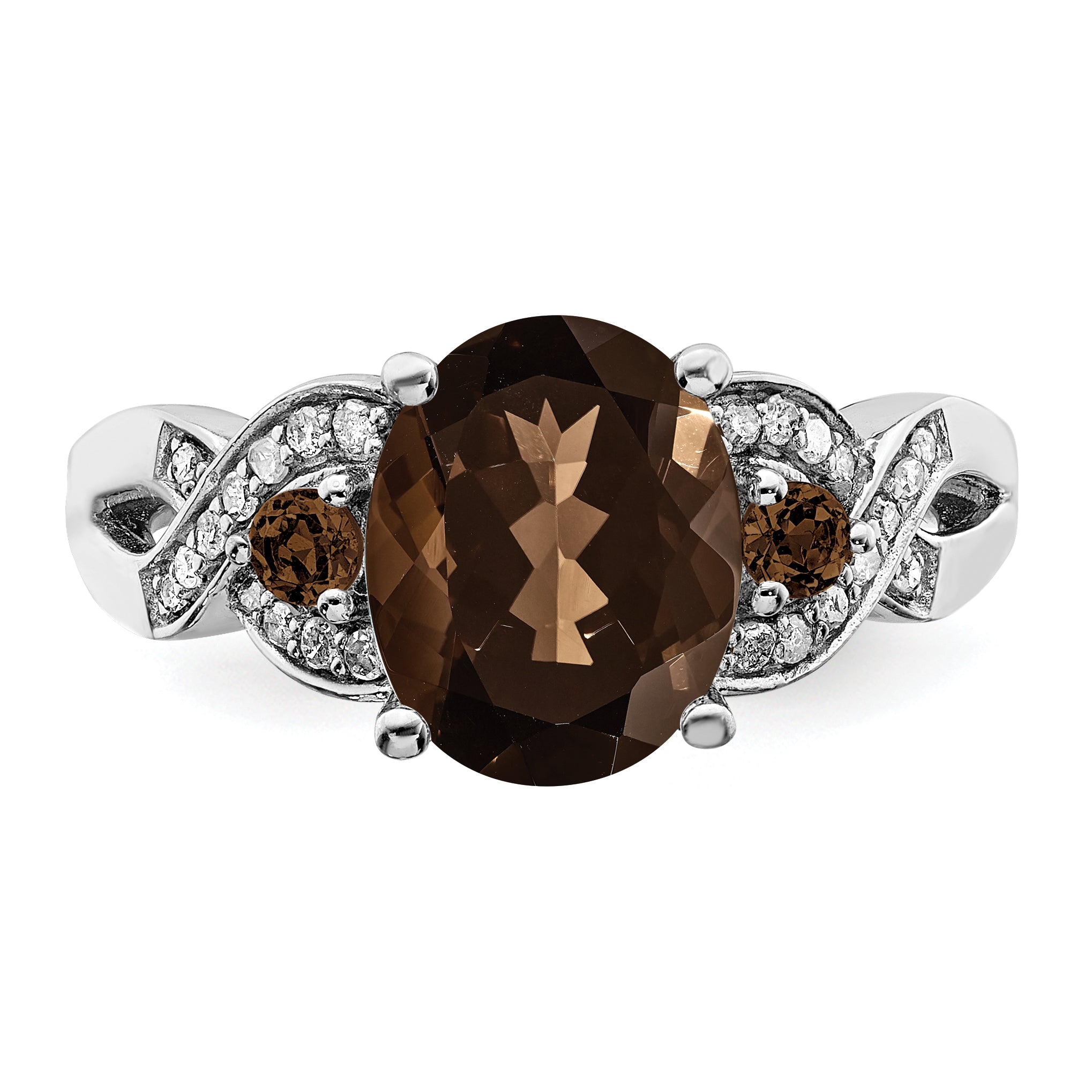 Sterling Silver Rhodium Diamond & Smoky Quartz Ring