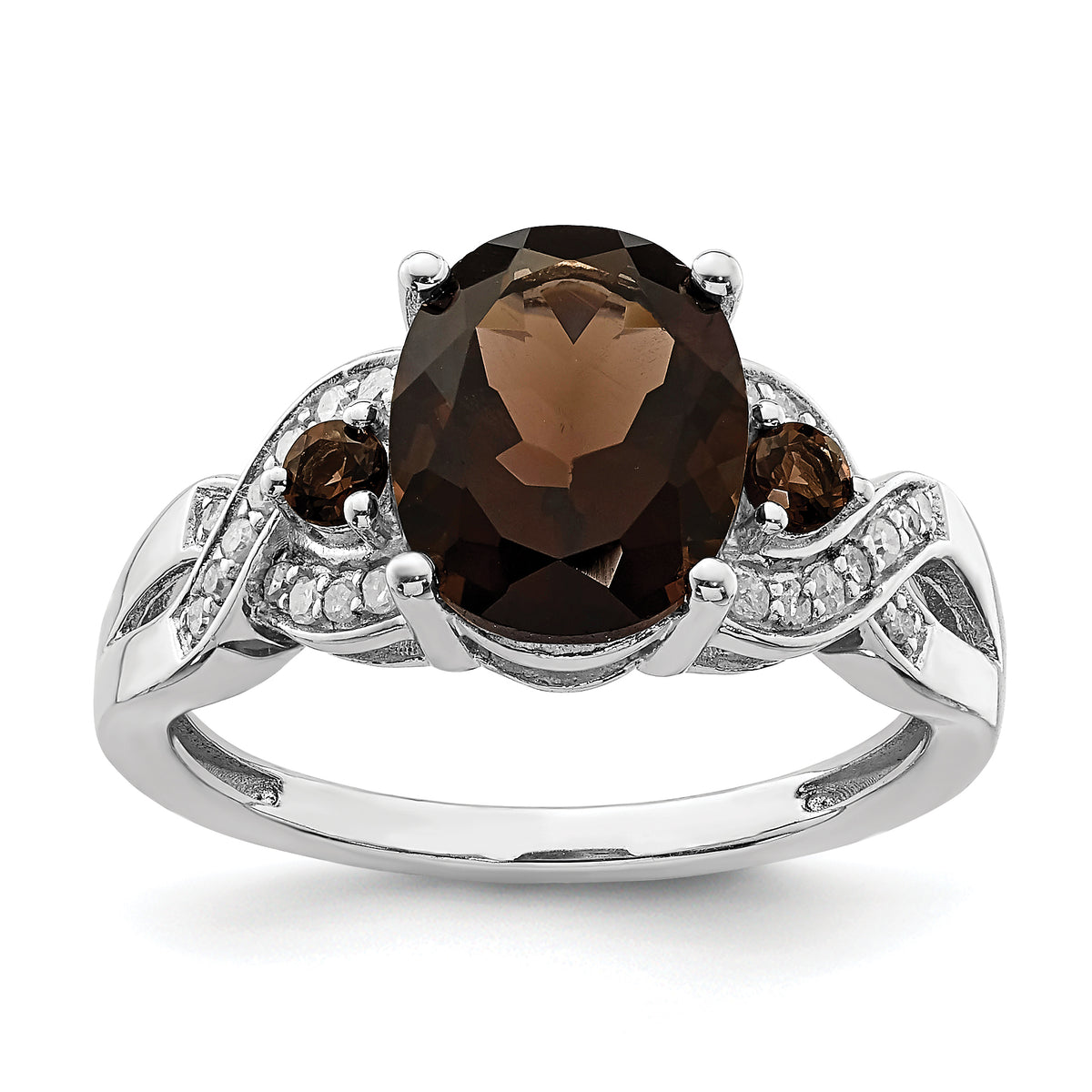 Sterling Silver Rhodium Oval Diamond & Smoky Quartz Ring