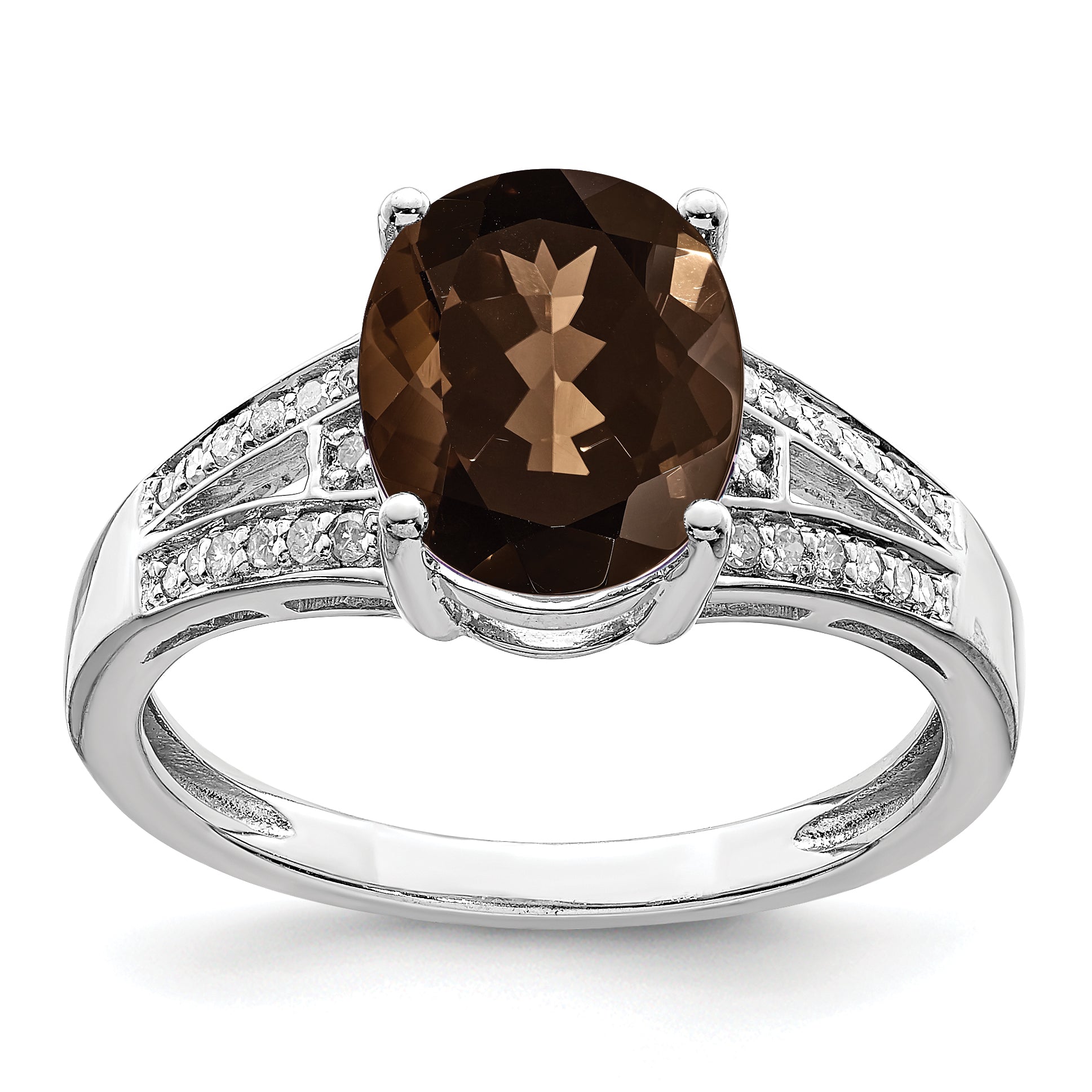 Sterling Silver Rhodium Diamond & Smoky Quartz Ring