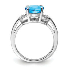 Sterling Silver Rhodium Diamond & Oval Blue Topaz Ring