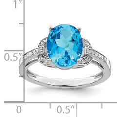 Sterling Silver Rhodium Diamond & Oval Blue Topaz Ring