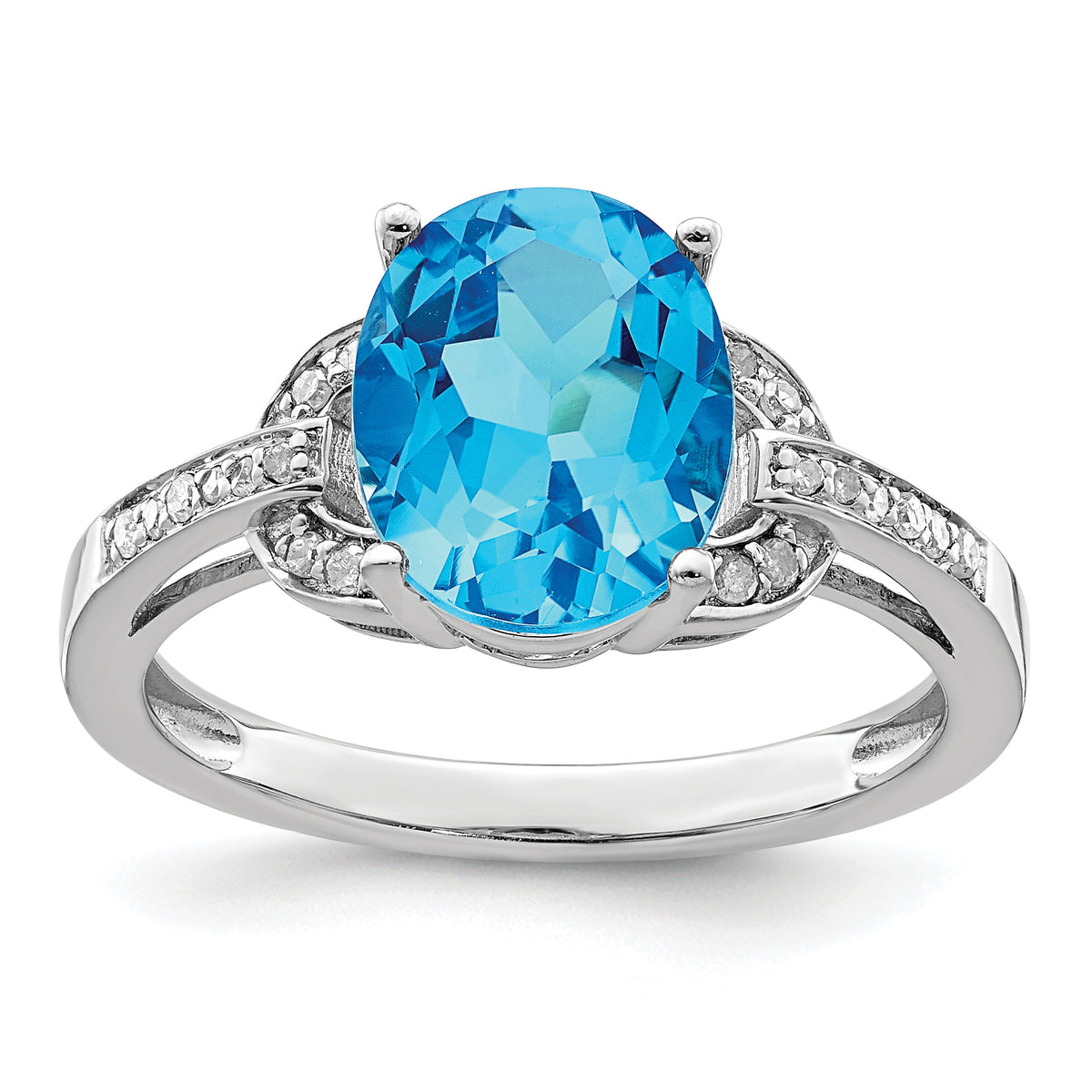 Sterling Silver Rhodium Diamond & Oval Blue Topaz Ring