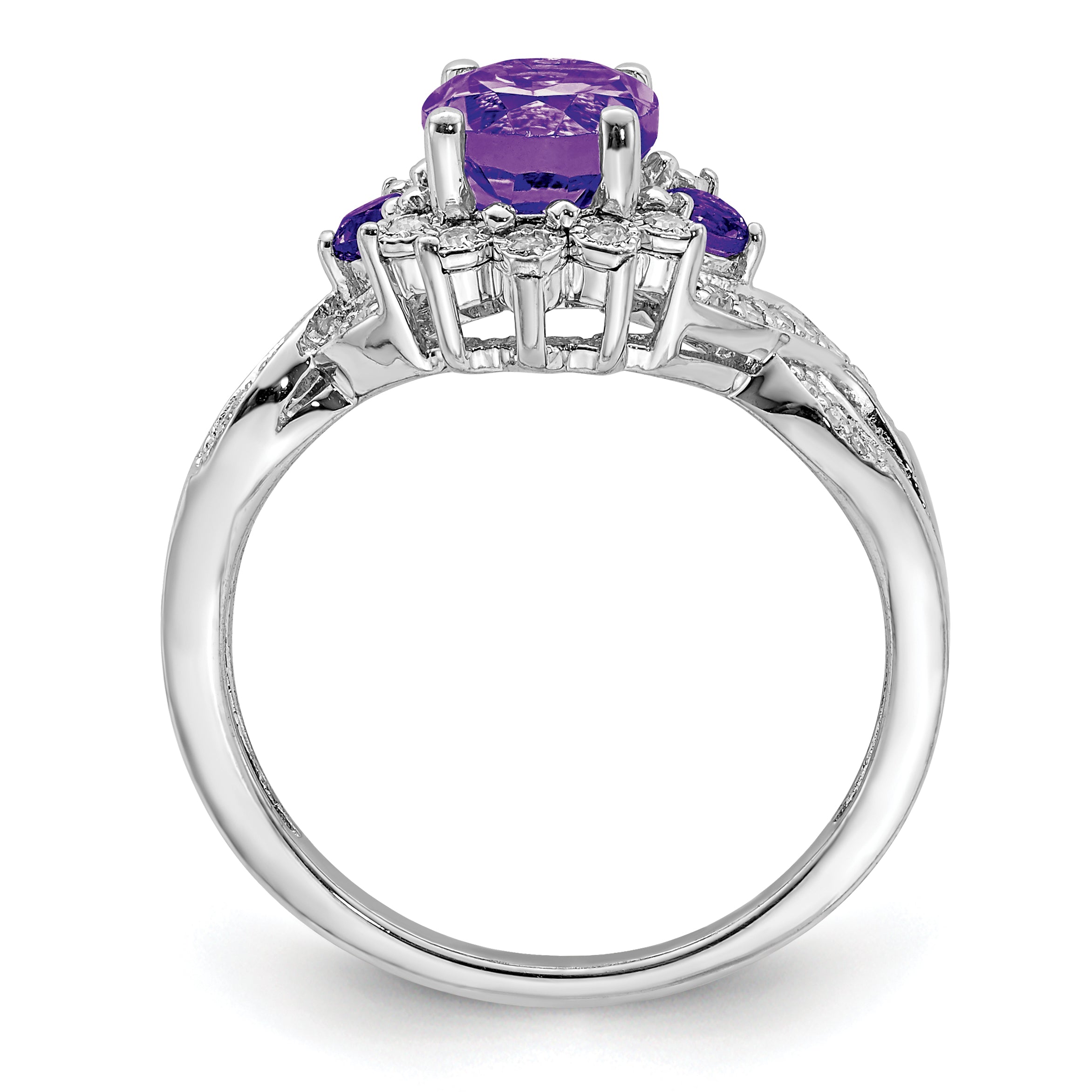 Sterling Silver Rhodium-plated Diamond & Amethyst Ring