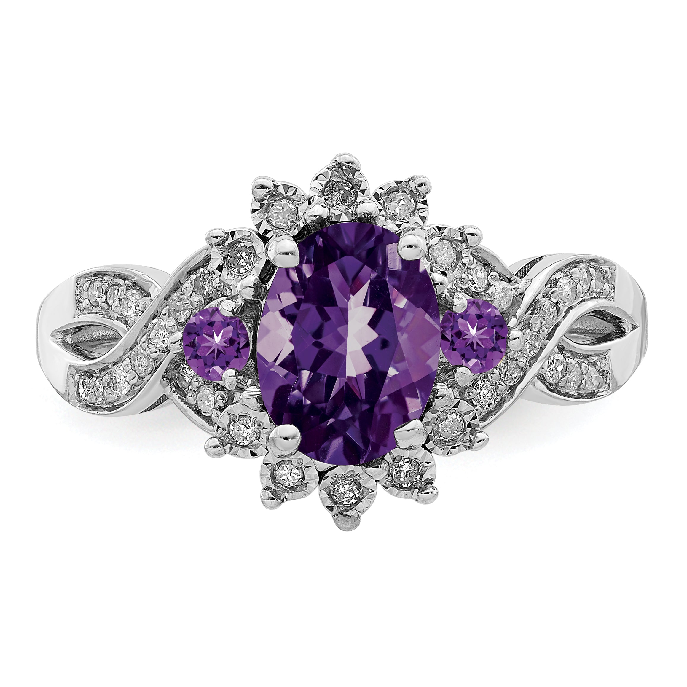 Sterling Silver Rhodium-plated Diamond & Amethyst Ring