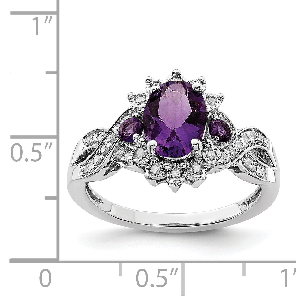 Sterling Silver Rhodium-plated Diamond & Amethyst Ring