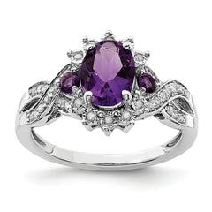 Sterling Silver Rhodium-plated Diamond & Amethyst Ring