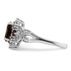 Sterling Silver Rhodium Diamond & Smoky Quartz Ring