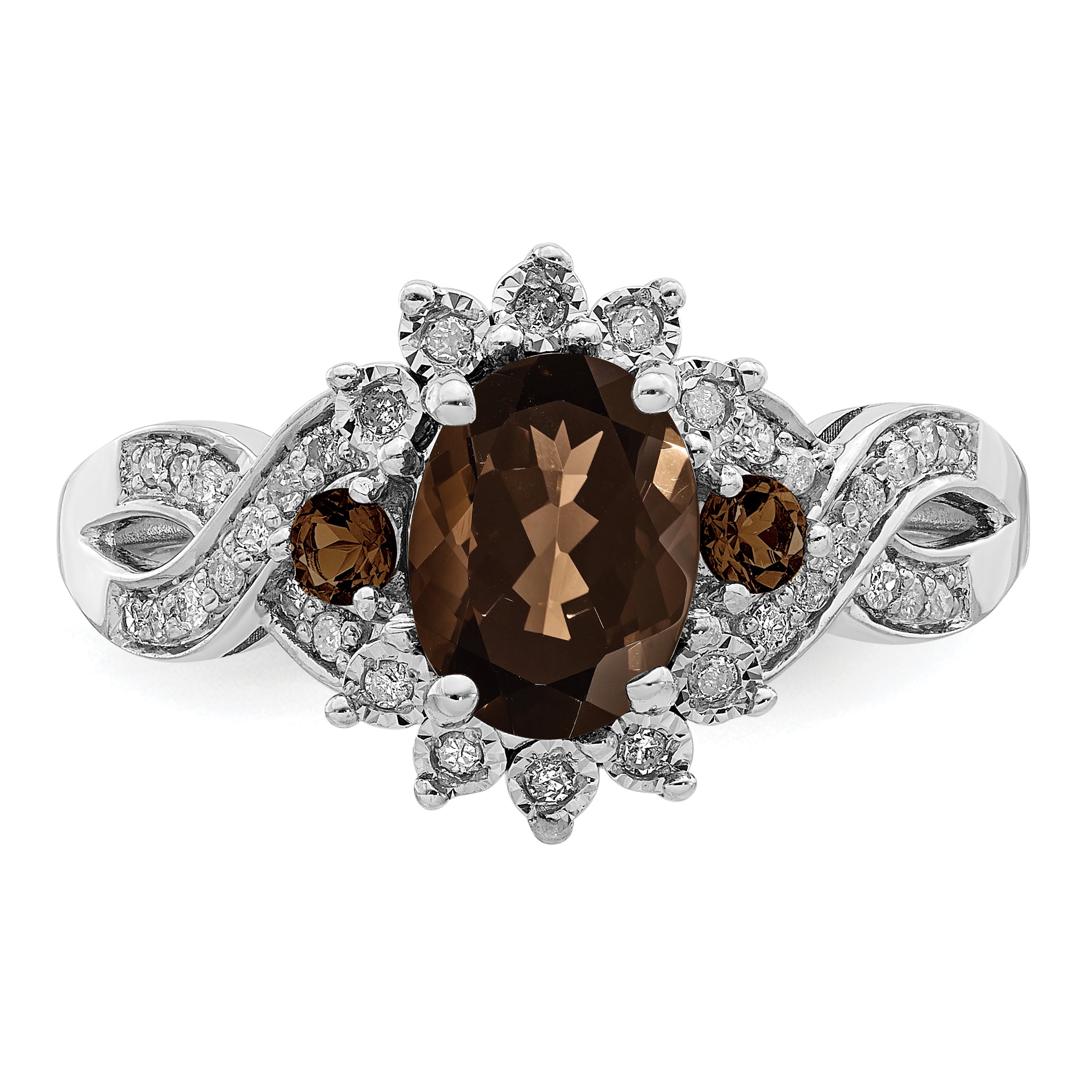 Sterling Silver Rhodium Diamond & Smoky Quartz Ring