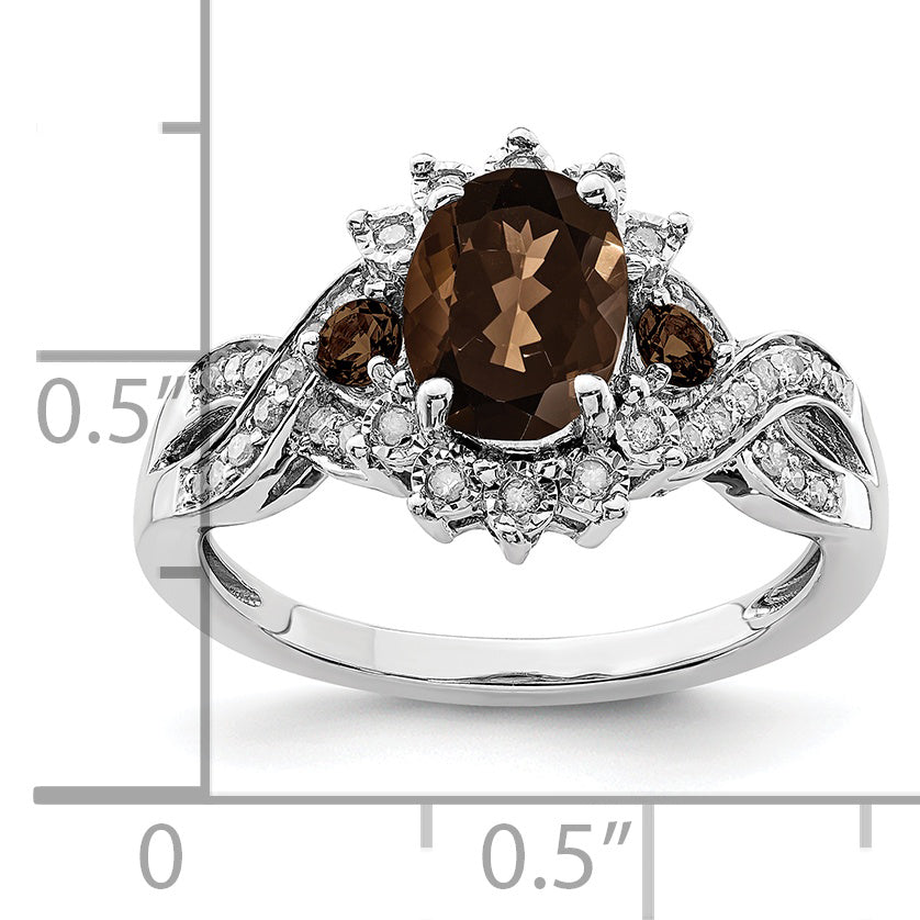 Sterling Silver Rhodium Diamond & Smoky Quartz Ring