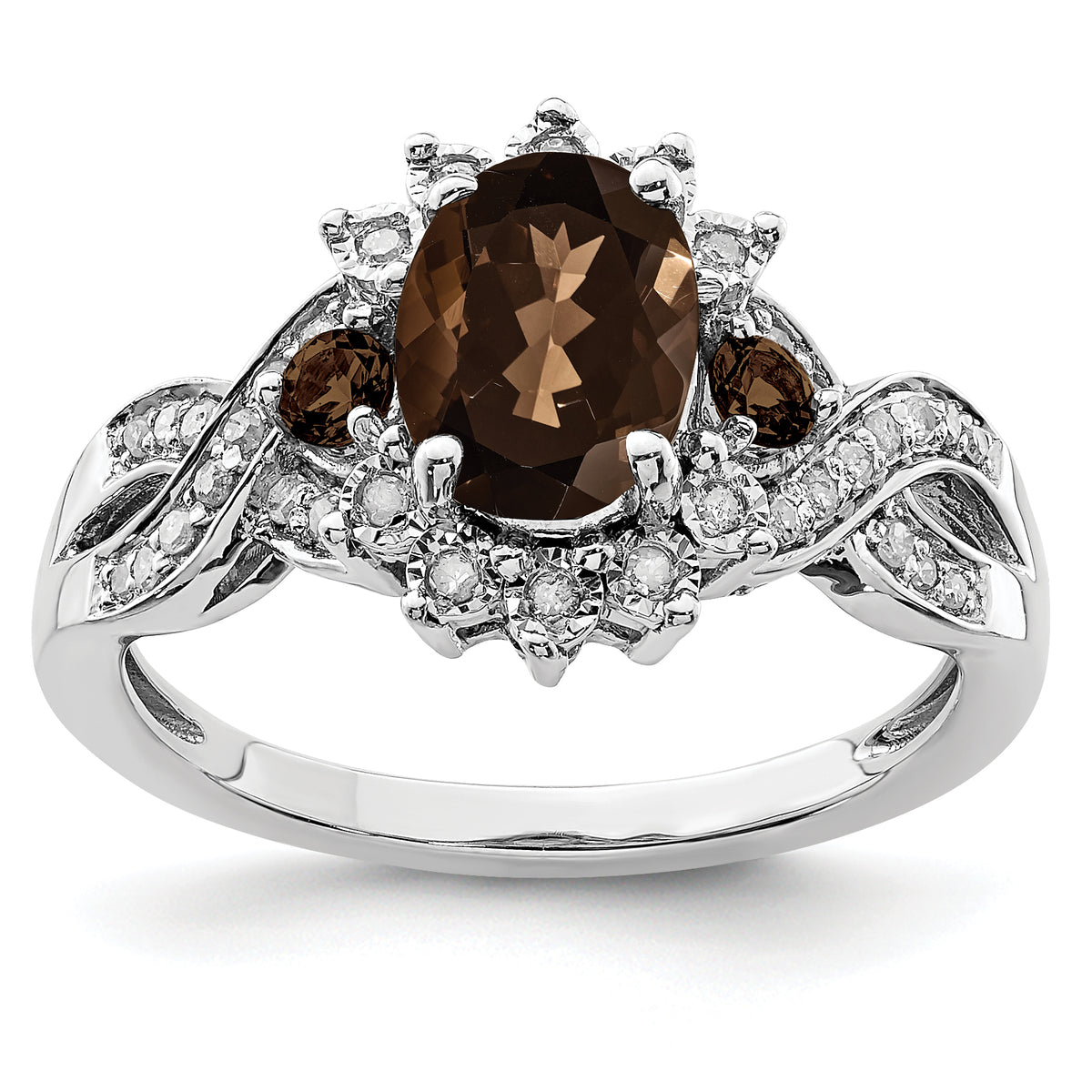 Sterling Silver Rhodium Diamond & Smoky Quartz Ring