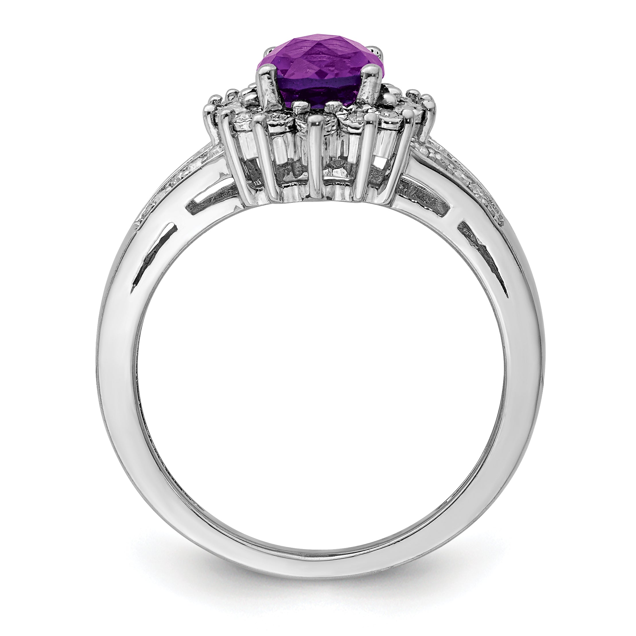 Sterling Silver Rhodium-plated Diamond & Checker-Cut Amethyst Ring