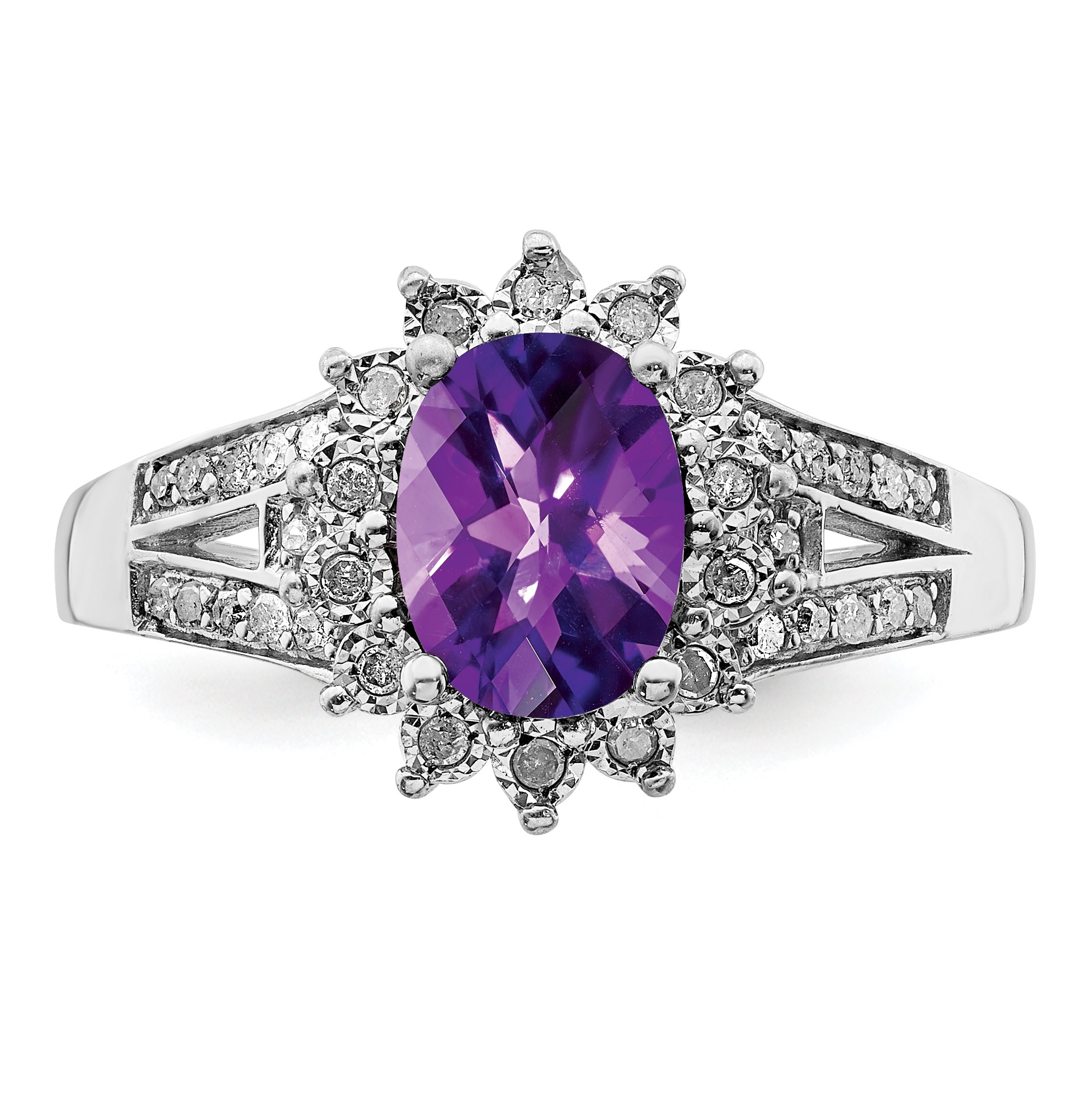 Sterling Silver Rhodium-plated Diamond & Checker-Cut Amethyst Ring