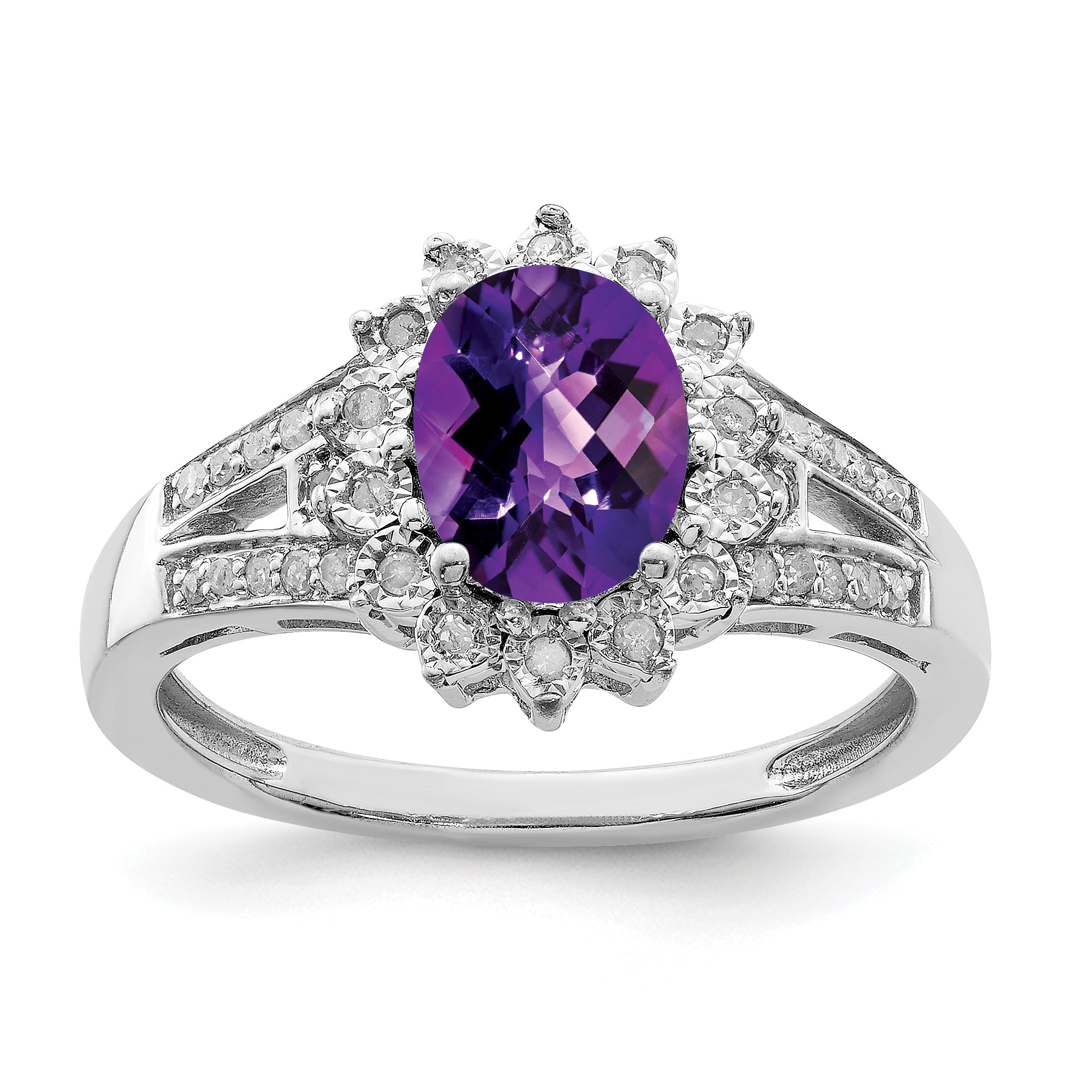 Sterling Silver Rhodium-plated Diamond & Checker-Cut Amethyst Ring