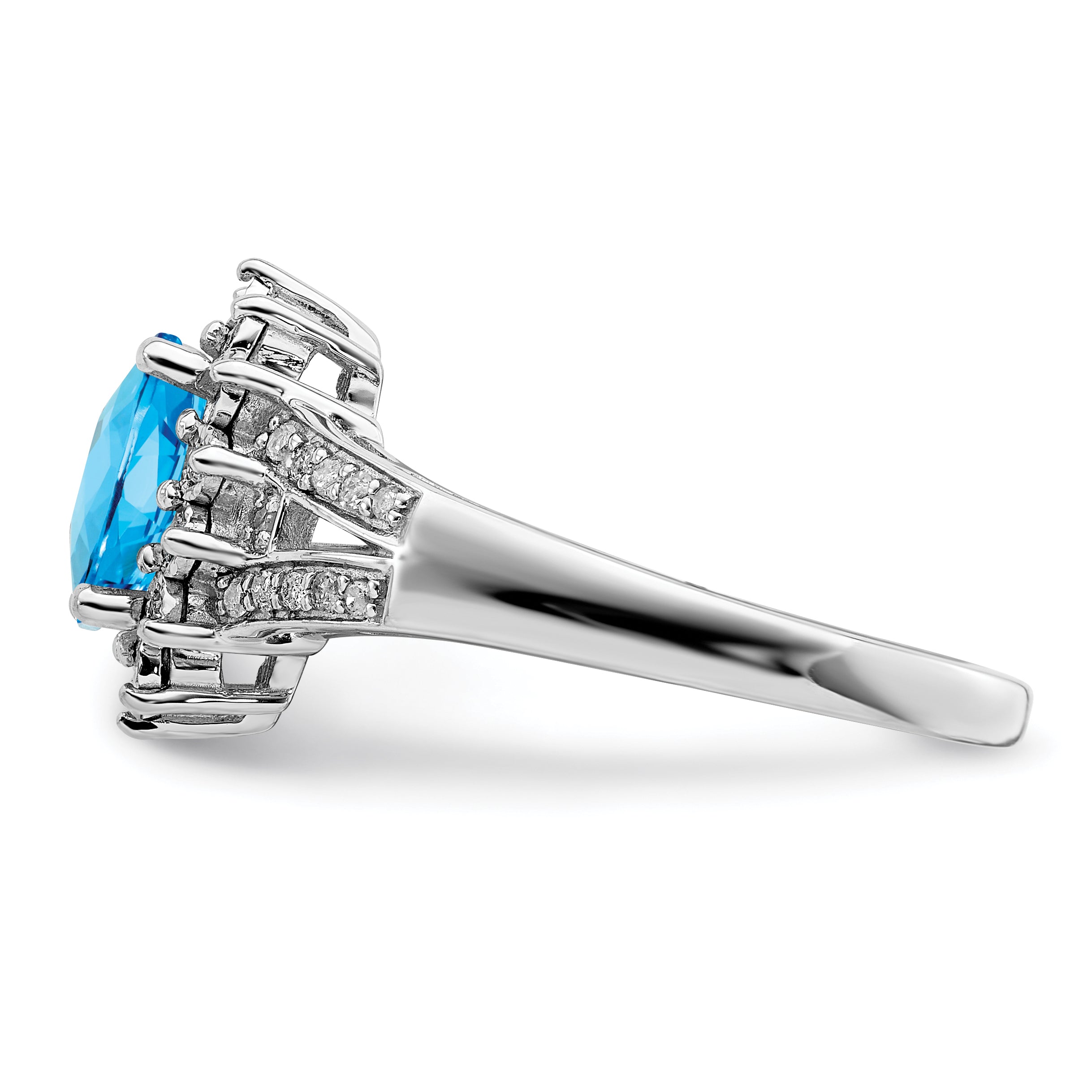 Sterling Silver Rhodium Diamond & Oval Checker-Cut Blue Topaz Ring