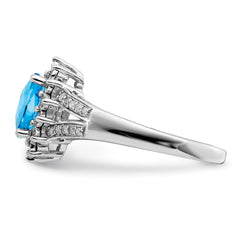 Sterling Silver Rhodium Diamond & Oval Checker-Cut Blue Topaz Ring