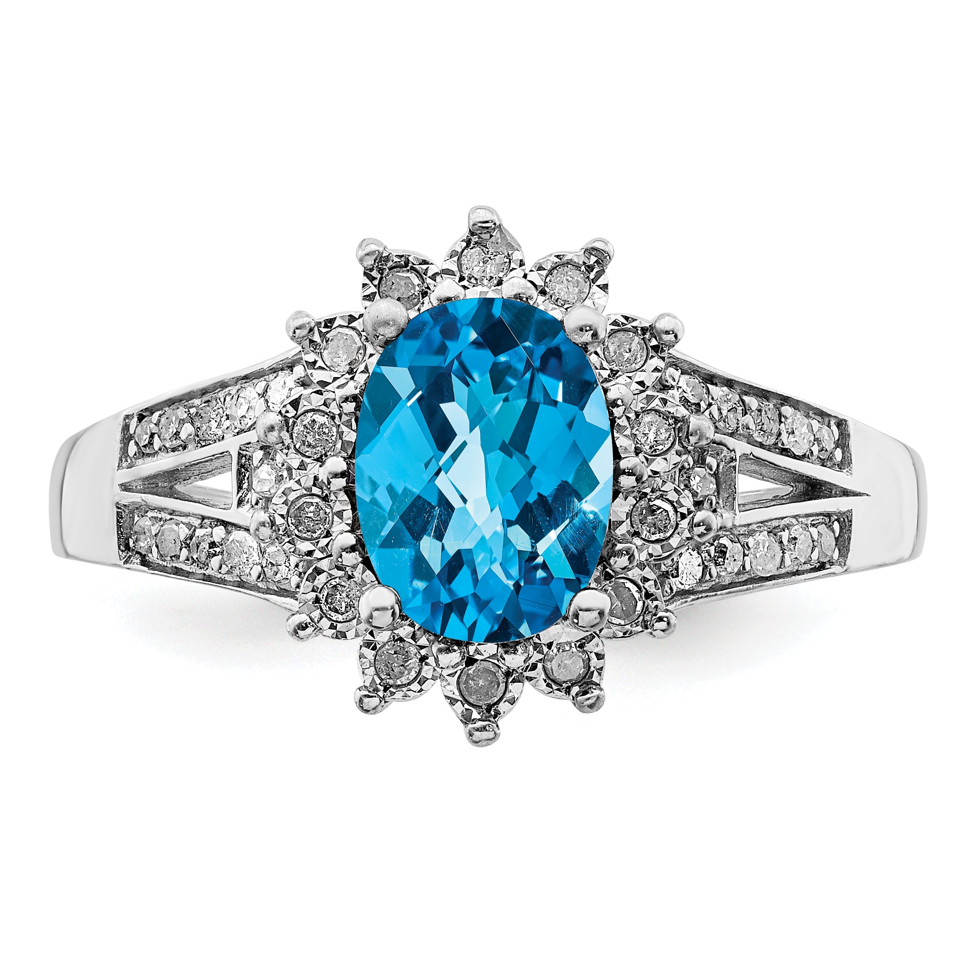 Sterling Silver Rhodium Diamond & Oval Checker-Cut Blue Topaz Ring