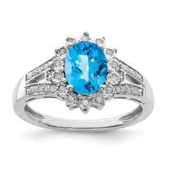 Sterling Silver Rhodium Diamond & Oval Checker-Cut Blue Topaz Ring