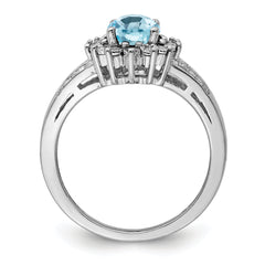 Sterling Silver Rhodium Diamond & Checker-Cut Sky Blue Topaz Ring