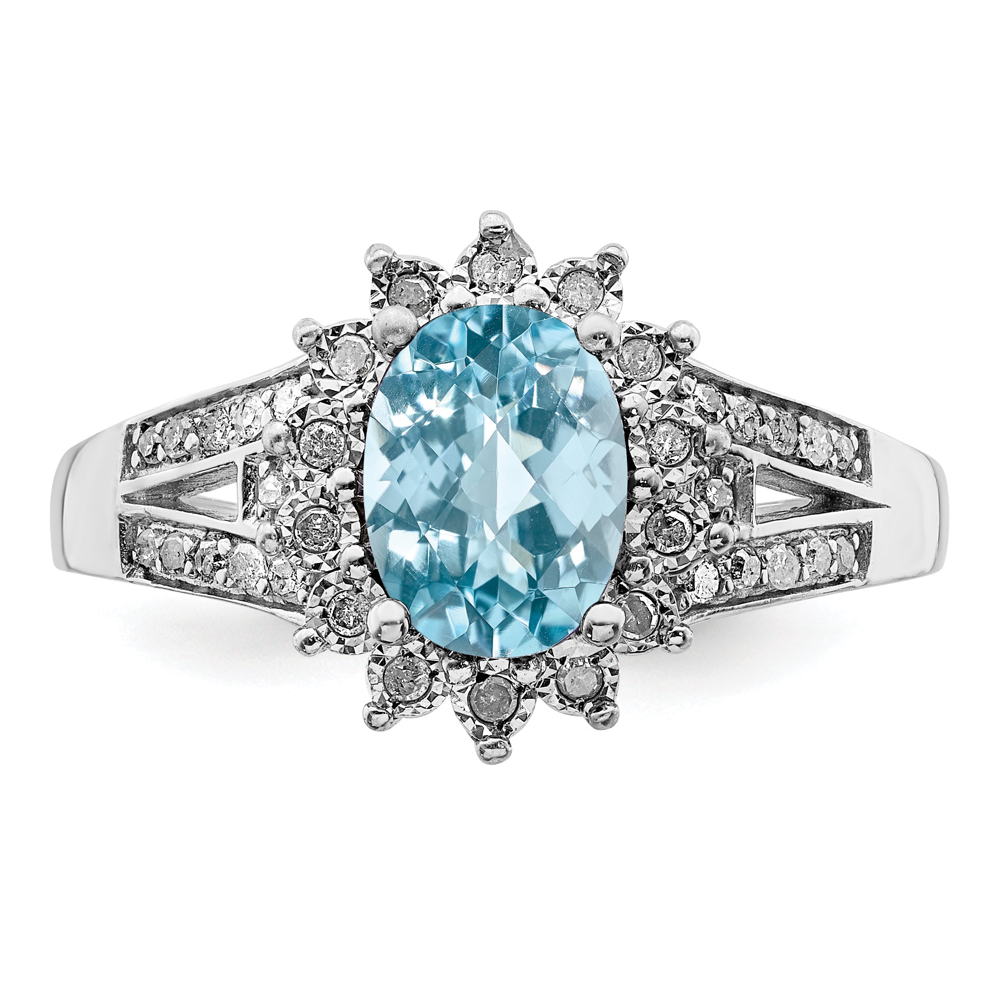 Sterling Silver Rhodium Diamond & Checker-Cut Sky Blue Topaz Ring