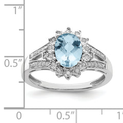 Sterling Silver Rhodium Diamond & Checker-Cut Sky Blue Topaz Ring