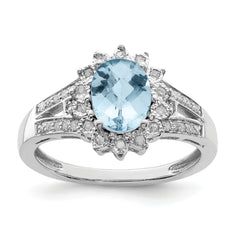 Sterling Silver Rhodium Diamond & Checker-Cut Sky Blue Topaz Ring