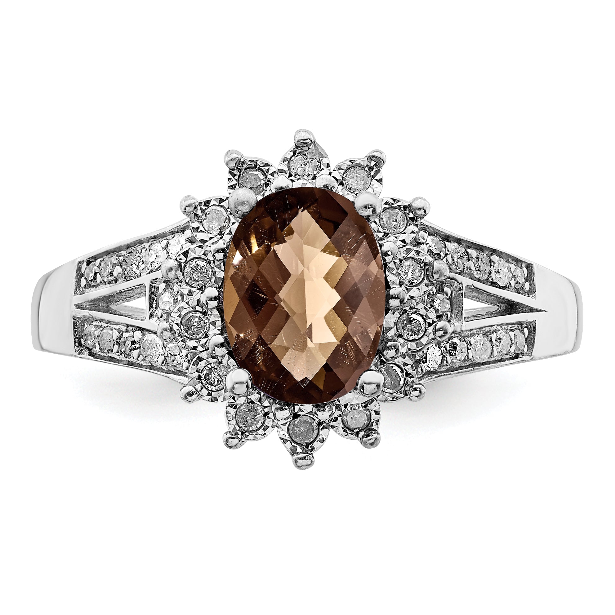 Sterling Silver Rhodium Diamond & Oval Checker-Cut Smoky Quartz Ring