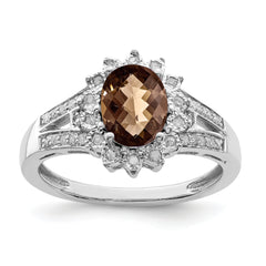 Sterling Silver Rhodium Diamond & Oval Checker-Cut Smoky Quartz Ring