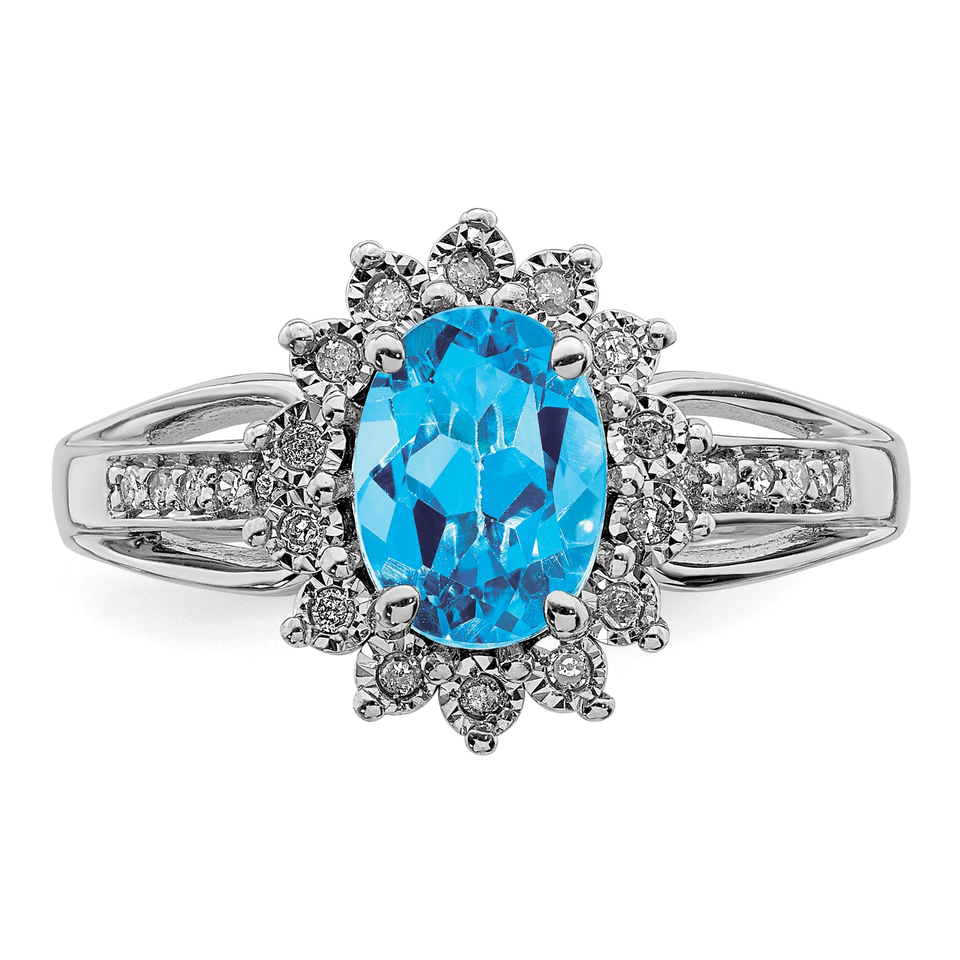 Sterling Silver Rhodium Diamond & Oval Blue Topaz Ring