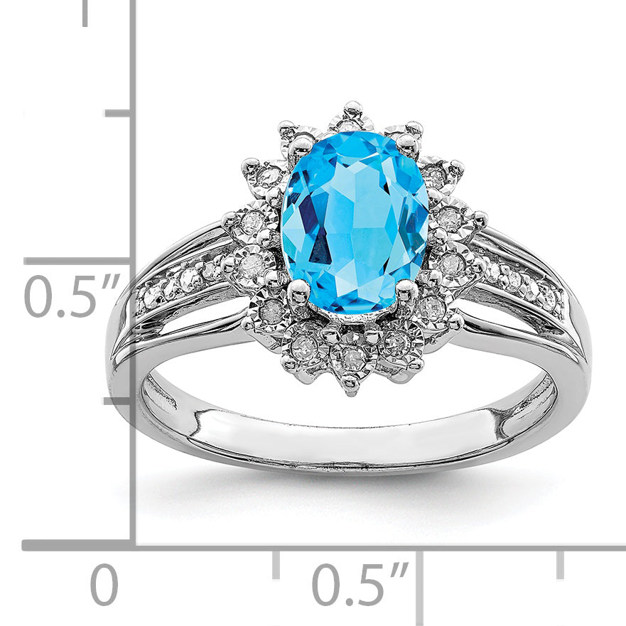 Sterling Silver Rhodium Diamond & Oval Blue Topaz Ring