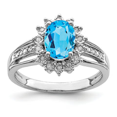 Sterling Silver Rhodium Diamond & Blue Topaz Ring