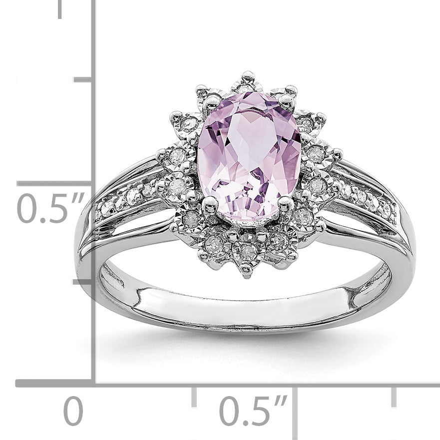 Sterling Silver Rhodium Diamond & Oval Pink Quartz Ring