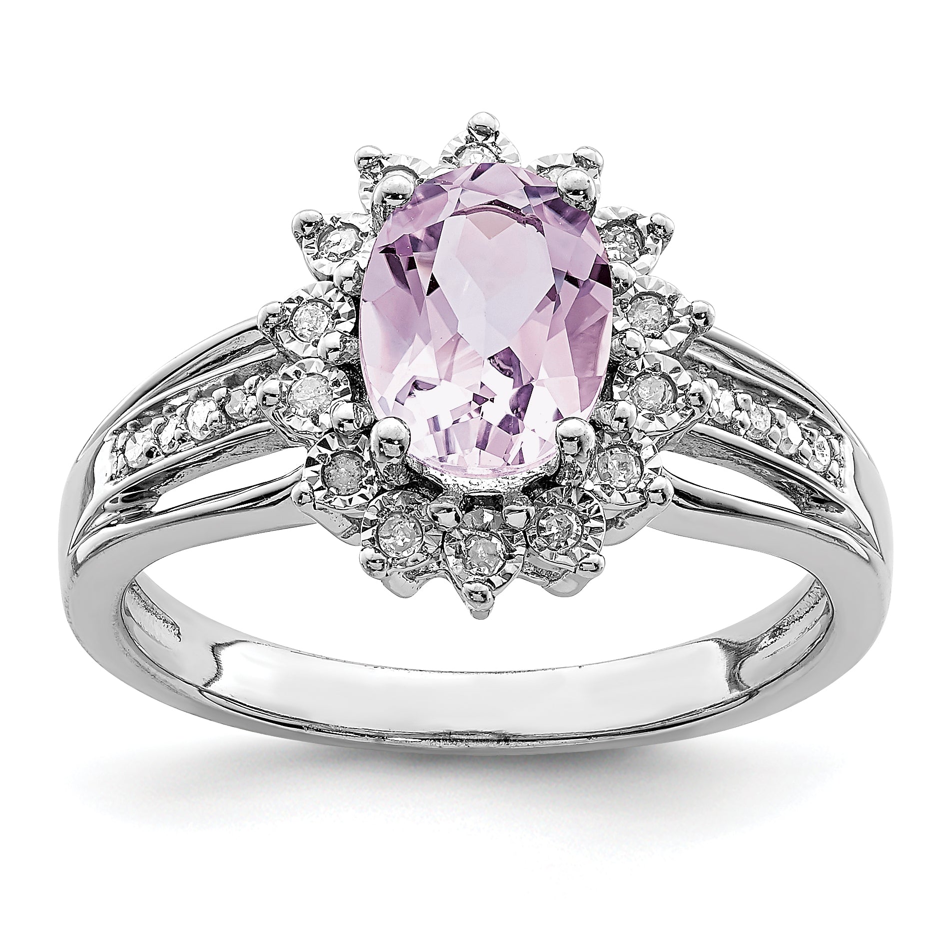 Sterling Silver Rhodium Diamond & Oval Pink Quartz Ring