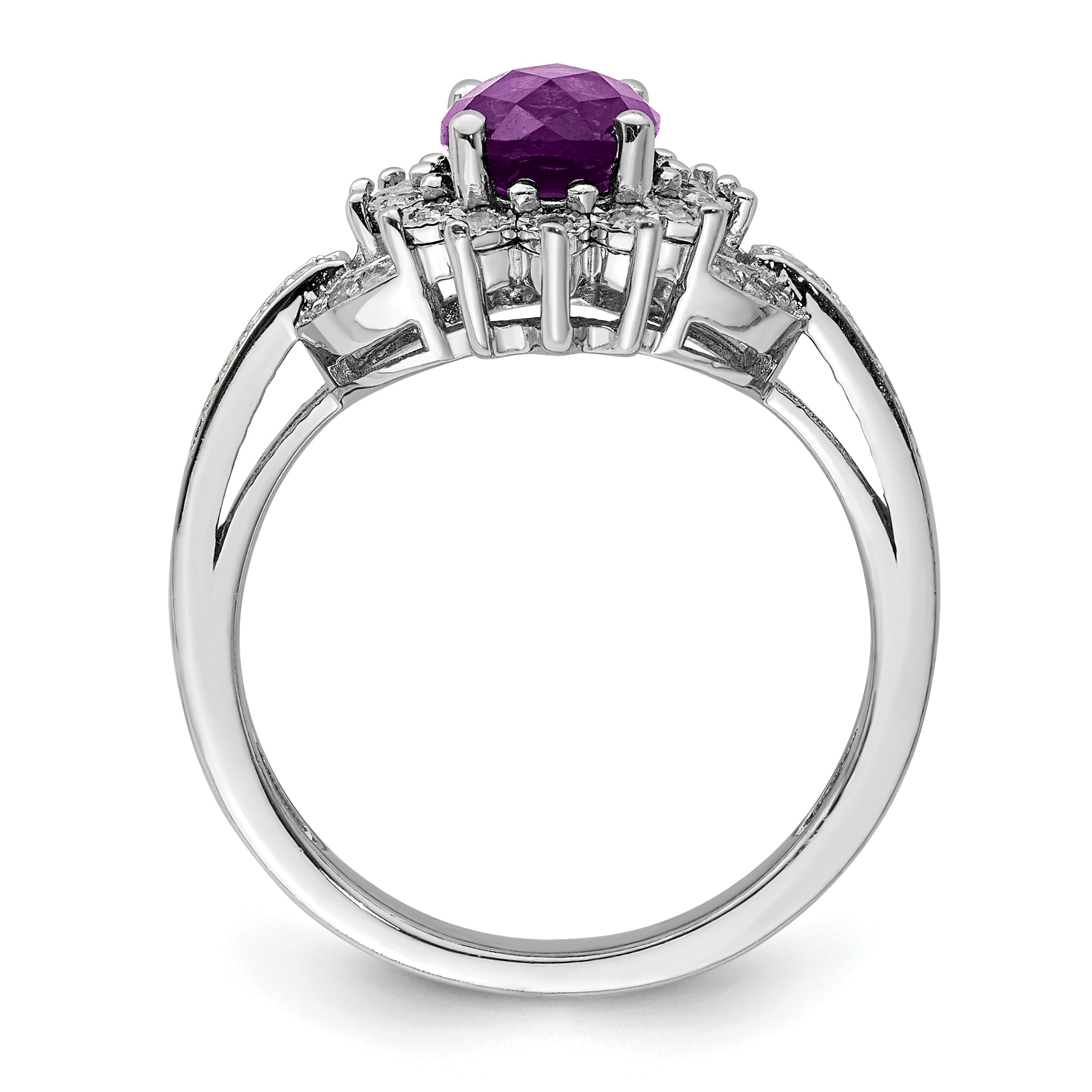 Sterling Silver Rhodium-plated Diam & Oval Checker-Cut Amethyst Ring