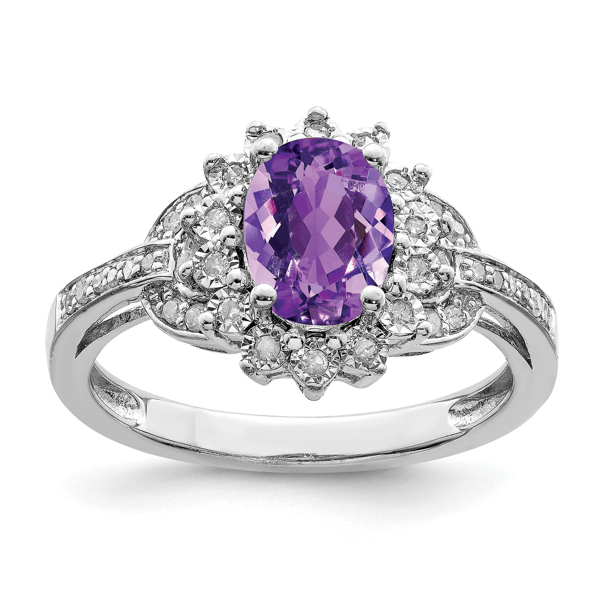 Sterling Silver Rhodium-plated Diam & Oval Checker-Cut Amethyst Ring