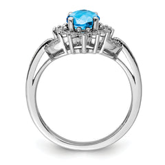 Sterling Silver Rhodium Diamond & Oval Checker-Cut Blue Topaz Ring