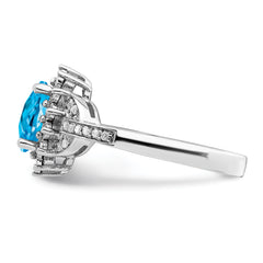 Sterling Silver Rhodium Diamond & Oval Checker-Cut Blue Topaz Ring