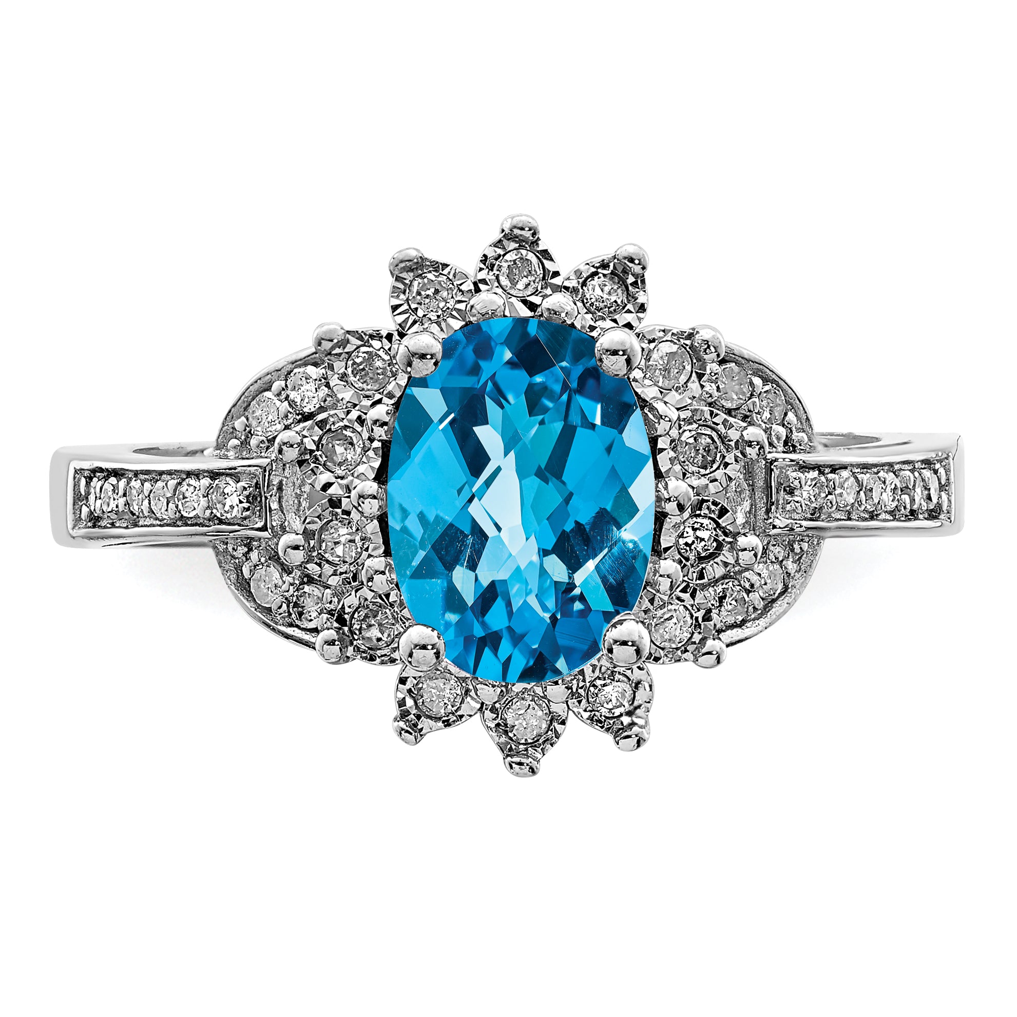 Sterling Silver Rhodium Diamond & Oval Checker-Cut Blue Topaz Ring