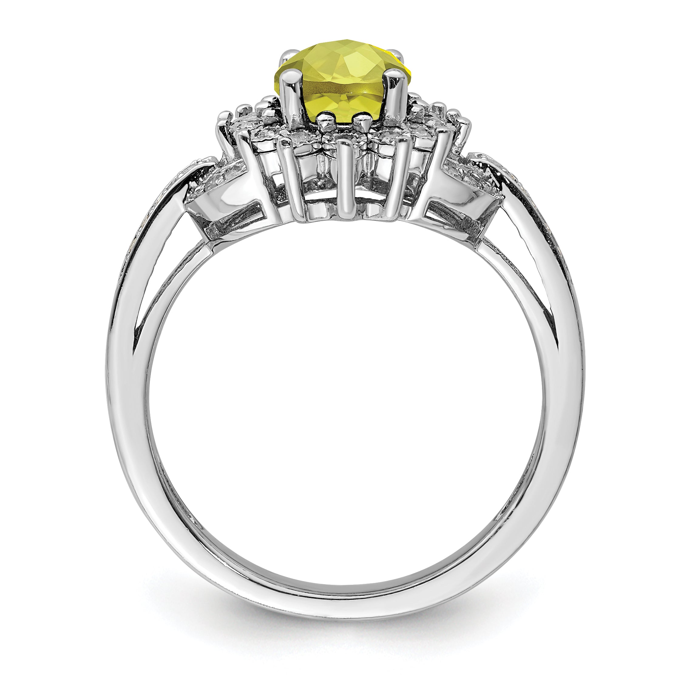 Sterling Silver Rhodium Diamond & Oval Checker-Cut Lemon Quartz Ring