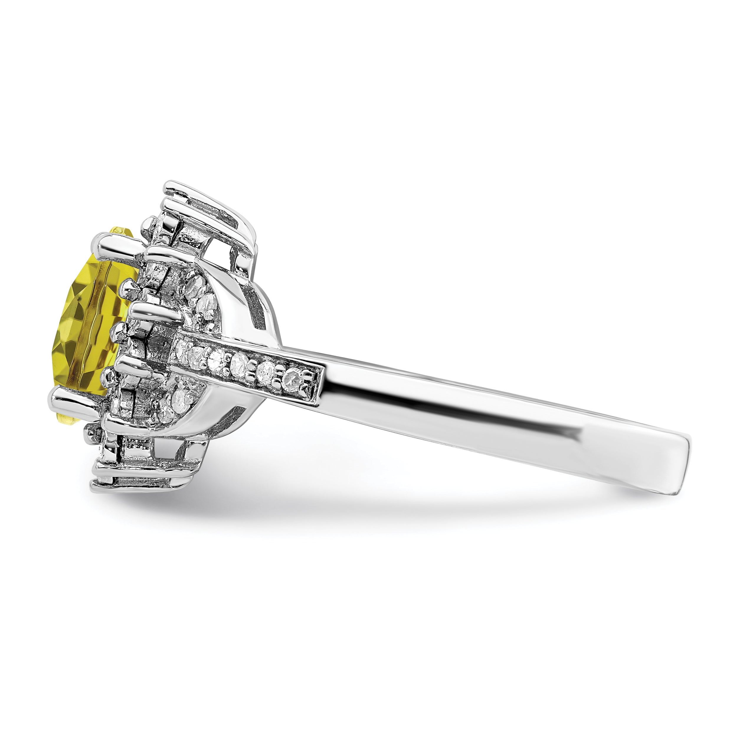 Sterling Silver Rhodium Diamond & Oval Checker-Cut Lemon Quartz Ring