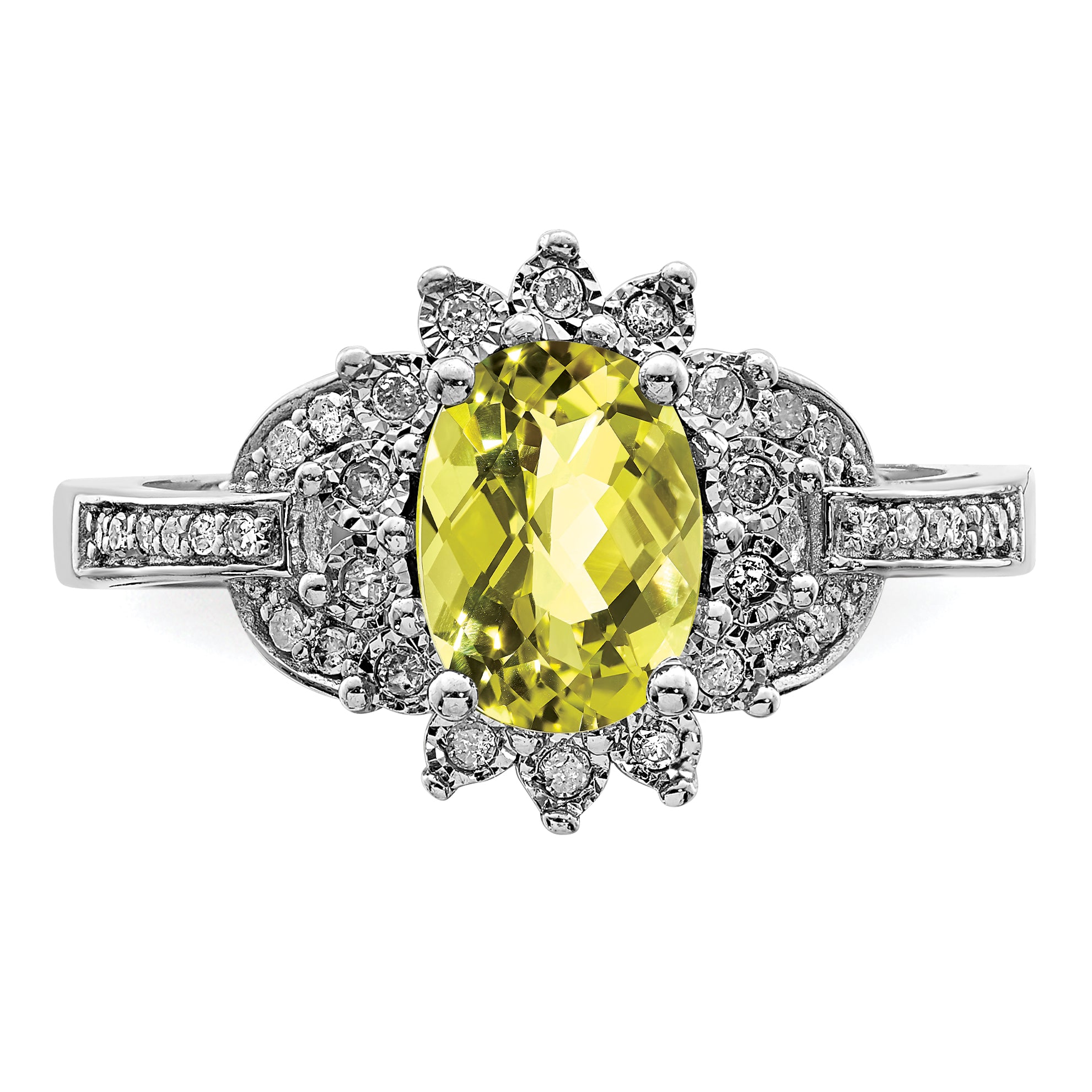 Sterling Silver Rhodium Diamond & Oval Checker-Cut Lemon Quartz Ring