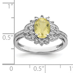 Sterling Silver Rhodium Diamond & Oval Checker-Cut Lemon Quartz Ring