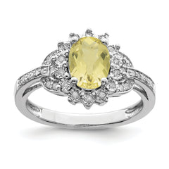 Sterling Silver Rhodium Diamond & Oval Checker-Cut Lemon Quartz Ring