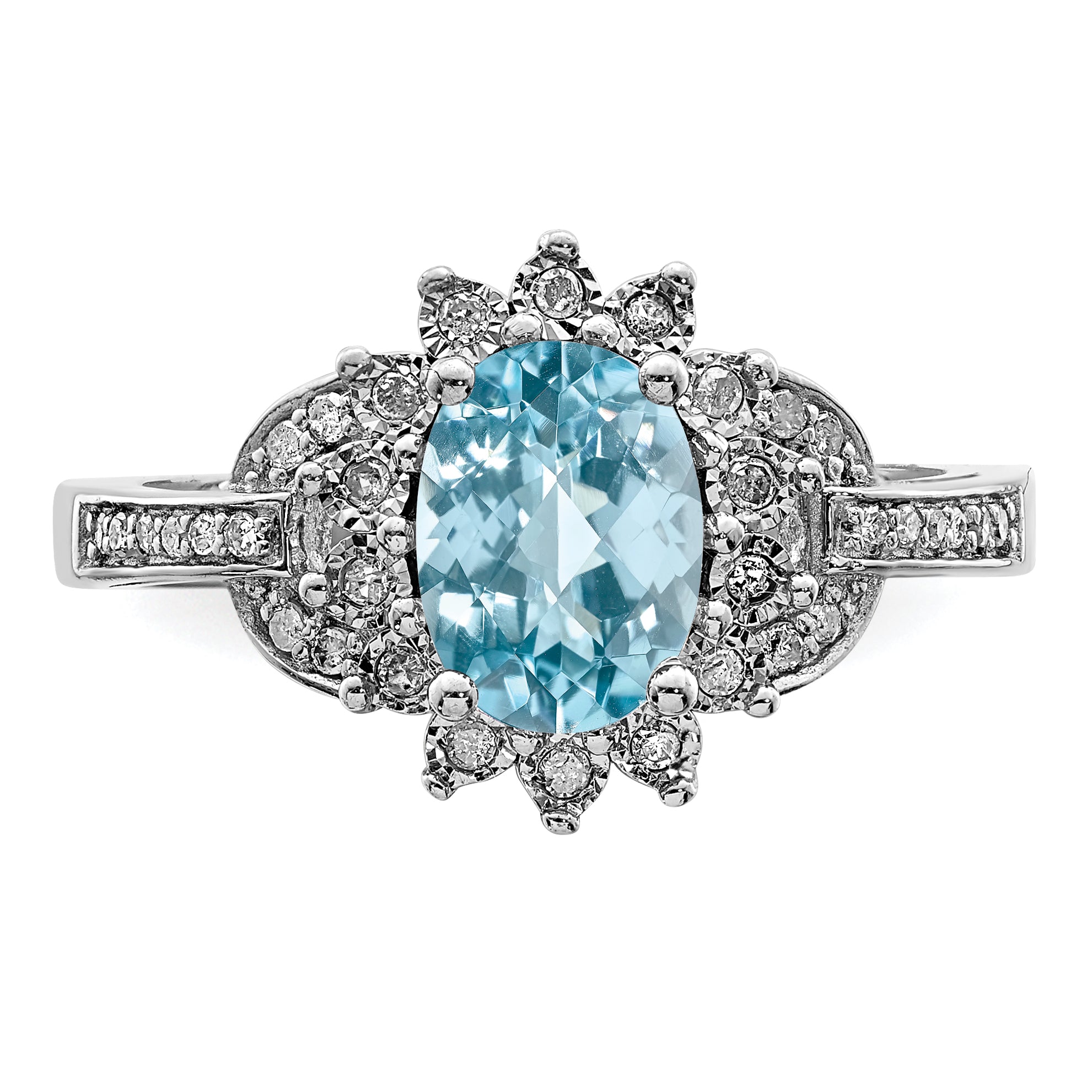 Sterling Silver Rhodium Diamond & Checker-Cut Sky Blue Topaz Ring