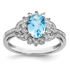 Sterling Silver Rhodium Diamond & Checker-Cut Sky Blue Topaz Ring