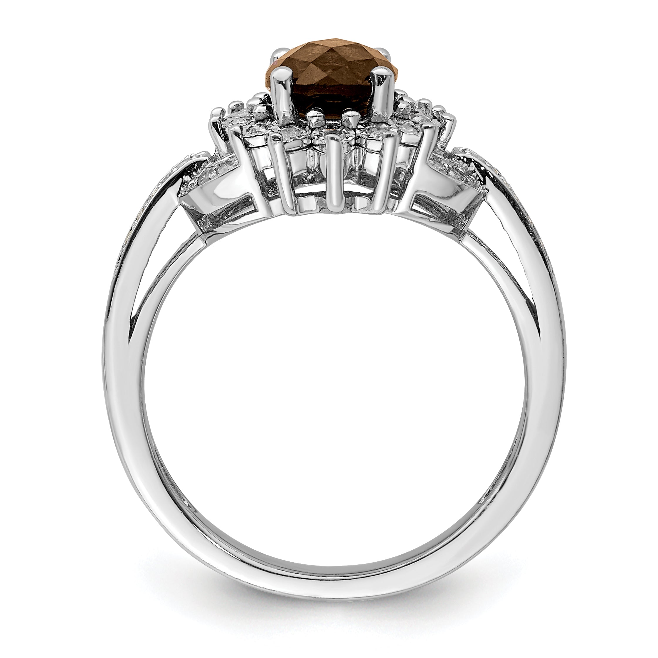 Sterling Silver Rhodium Diamond & Oval Checker-Cut Smoky Quartz Ring