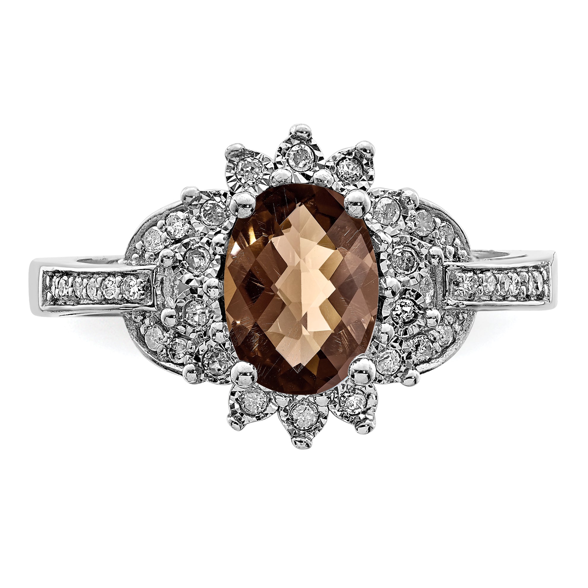 Sterling Silver Rhodium Diamond & Oval Checker-Cut Smoky Quartz Ring